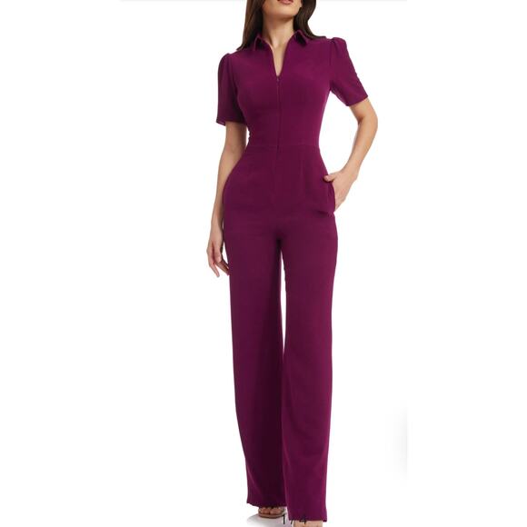 Dress the Population Pants - Dress the Population Gloria Jumpsuit Womens 2XL Magenta Collared Short Sleeve